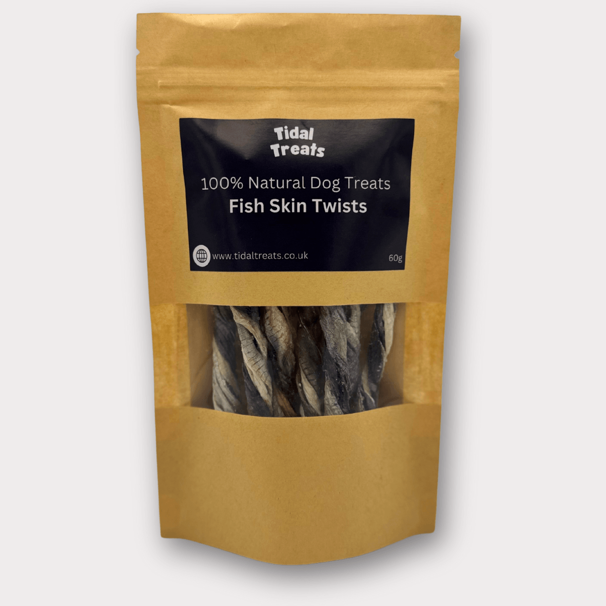 Twisted fish skin chews from Tidal Treats, ideal for medium chewers and promoting dental health for all dog sizes.